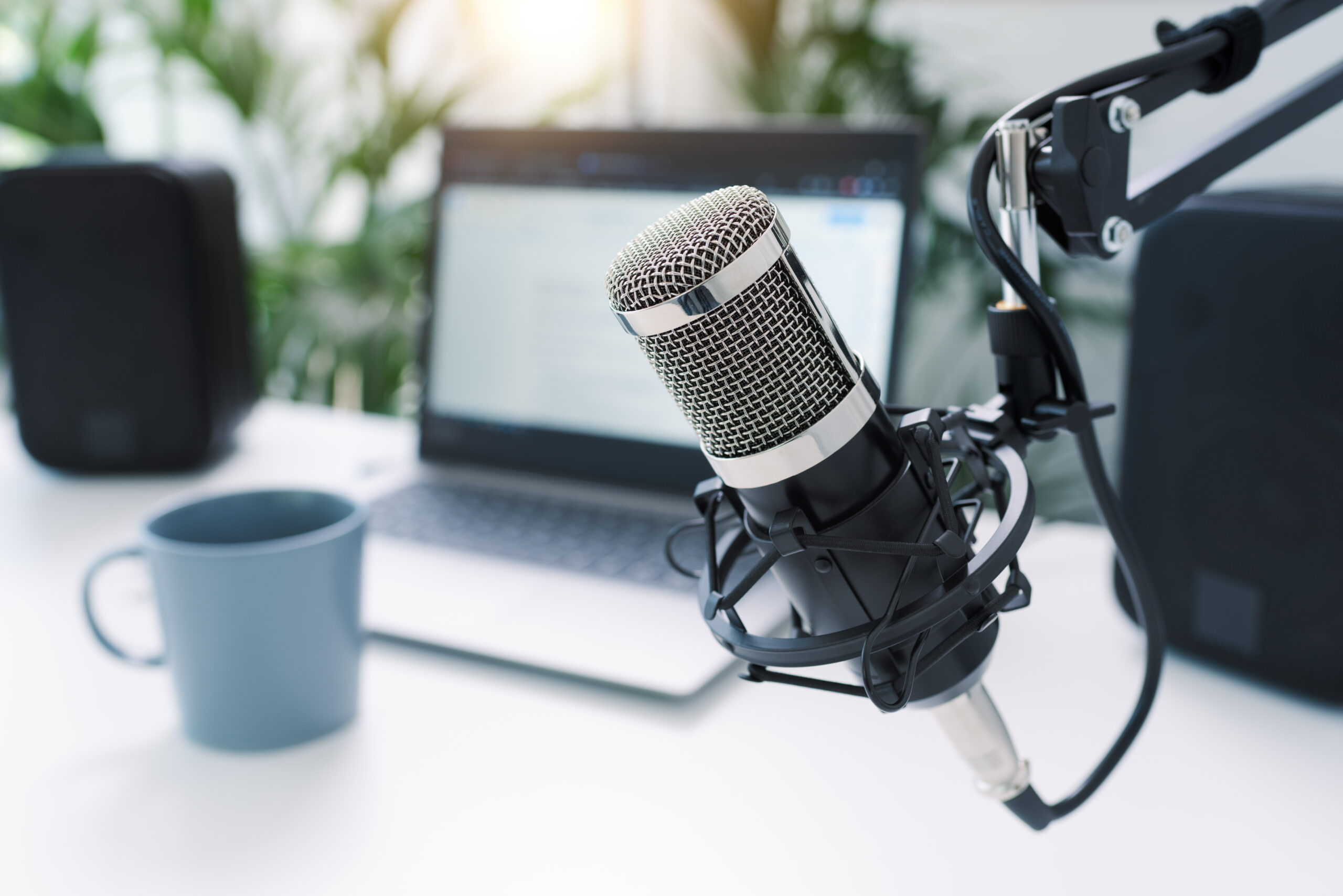 Live online radio broadcasting station desk, entertainment and communication concept